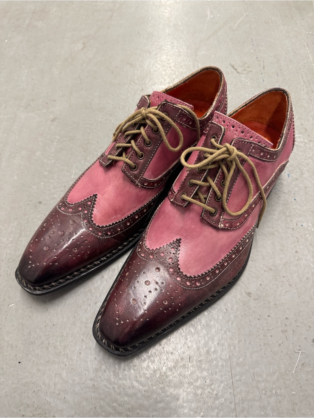 Michele Olivieri Men's Two-Tone Burgundy and Pink Wingtip Oxfords Men’s 9.5